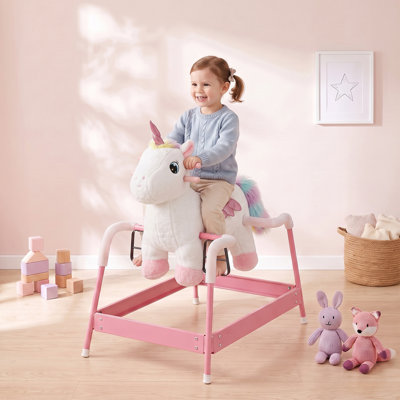 Kids Spring Rocking Horse, Unicorn Ride on Horse with Neighing Sounds, Plush Animal Ride on Toy with Covered Spring, Metal Frame for Pretend Play Ages 3+ Years, White