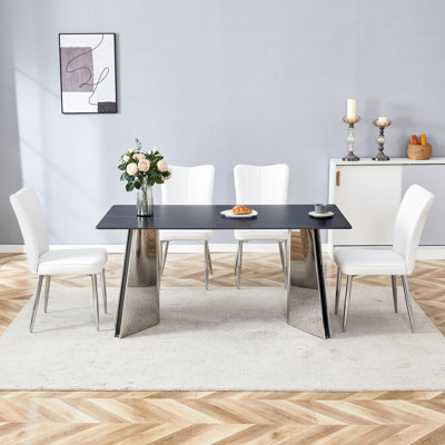Table And Chair Set: 63”X31.5X30” Black Marble - Patterned Slabs Tabletop, Stainless Steel Butterfly Legs, Paired With 4 PU Dining Chairs (Vertical Stripe Backrest), Ideal For Dining & Kitchen Spaces
