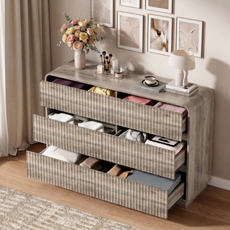 Commode double à 6 tiroirs cannelés pour chambre à coucher avec commode en bois de 47 po de largeur, Gris