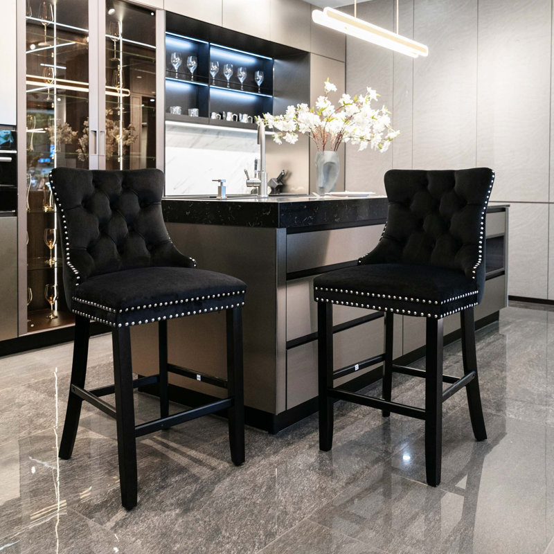 Original Product Name: Contemporary Velvet Upholstered Barstools With Button Tufted Decoration And Wooden Legs, Black, Black