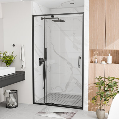 Porte de douche pivotante à demi-cadre de 38 à 42 po x H 71 po avec verre trempé de 6 mm, finition noir mat et finition nickel brossé