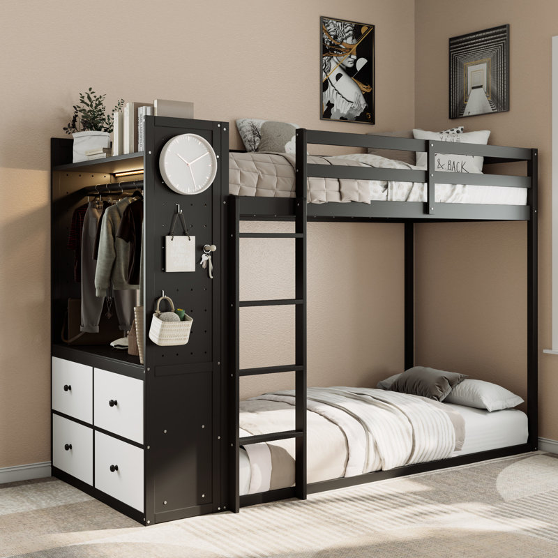 Lit simple superposé au-dessus noir avec tiroirs de rangement, zone de suspension, garde-robe éclairée et lit double, pour les petites chambres à coucher, tige de taille 4, bande de trois options de couleurs, dortoir d'université