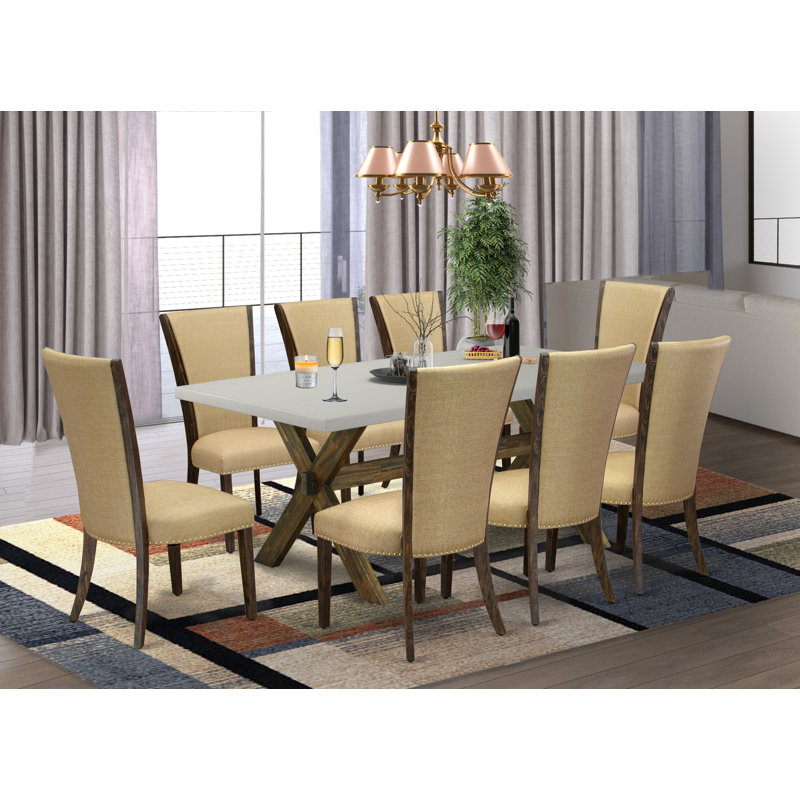 Ensemble de salle à manger 9 pièces comprenant une table rectangulaire à pattes en X et 8 chaises Parsons en tissu lin Gotham foncé, 101,6 x 182,9 cm, multicolore
