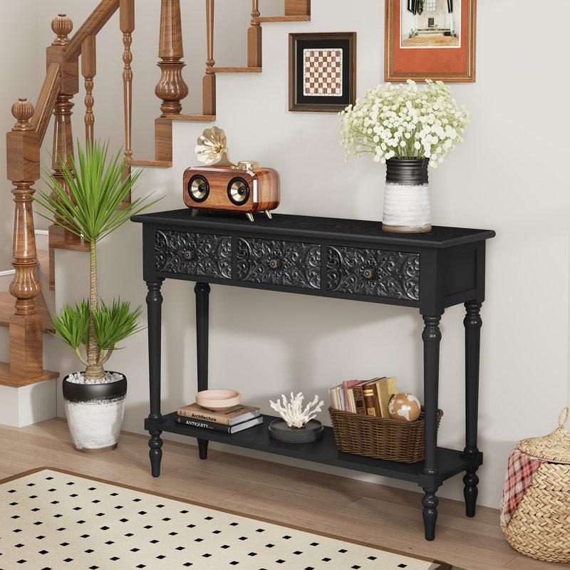 42"Carved 3-Drawer Console Table With Storage Shelf, Black