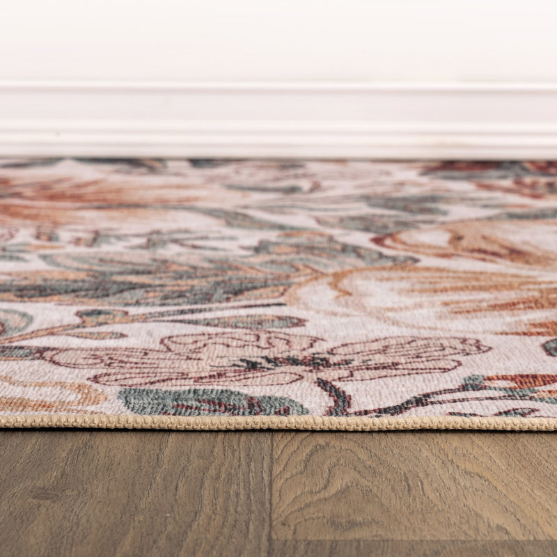 Tapis de sol Botanical Bloom couleur crème ivoire, lavable à la machine, en polyester avec envers antidérapant, Crème