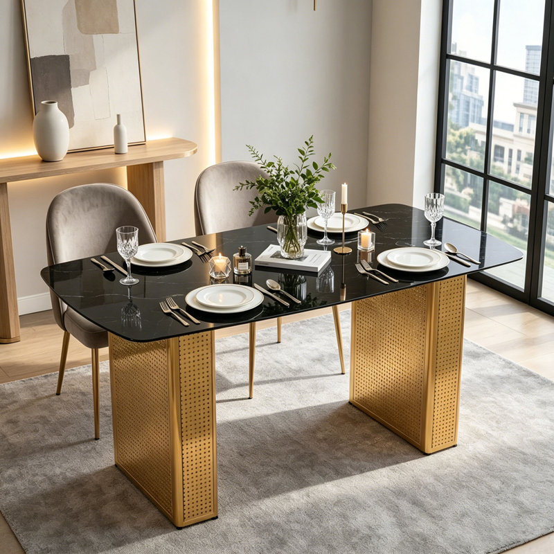 Table de salle à manger rectangulaire en verre trempé de style moderne, avec un design en marbre à la mode avec des pieds en métal à double piédestal, idéale pour les salles à manger et les bureaux à domicile.