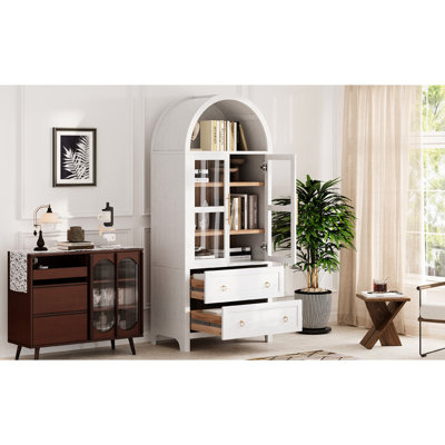Unité de rangement arquée de 71 pouces de hauteur avec tablettes réglables, charnières en métal et ensemble pour armoire sécuritaire et durable. Deux grands tiroirs, portes en verre transparent pour un intérieur propre et organisé.