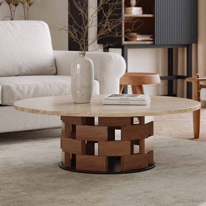Table basse en travertin de style Wabi-sabi, H 13,77 po x L 35,43 po x l 35,43 po, Brun noisette