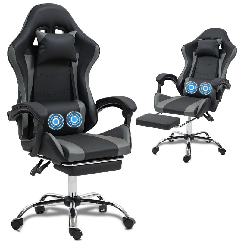 Gaming Chair with Massage Lumbar Support Ergonomic Video Game Chair for Adults, Adjustable Headrest & Footrest, 90-135° Recline, 360° Swivel, Grey
