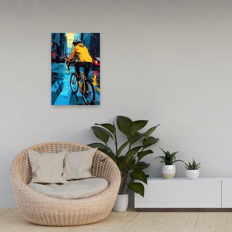 «Rainy City Cyclist Abstract Contemporary City», reproduction d'art mural, H 24 po x l 16 po