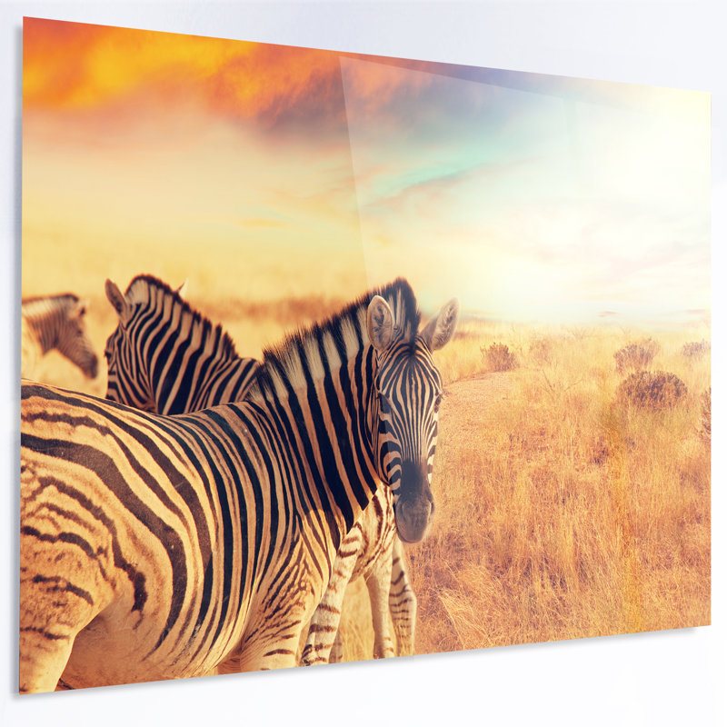 «Zebras Herd in Field at Sunset», art africain, H 36 po x l 36 po x P 1 po, Métal