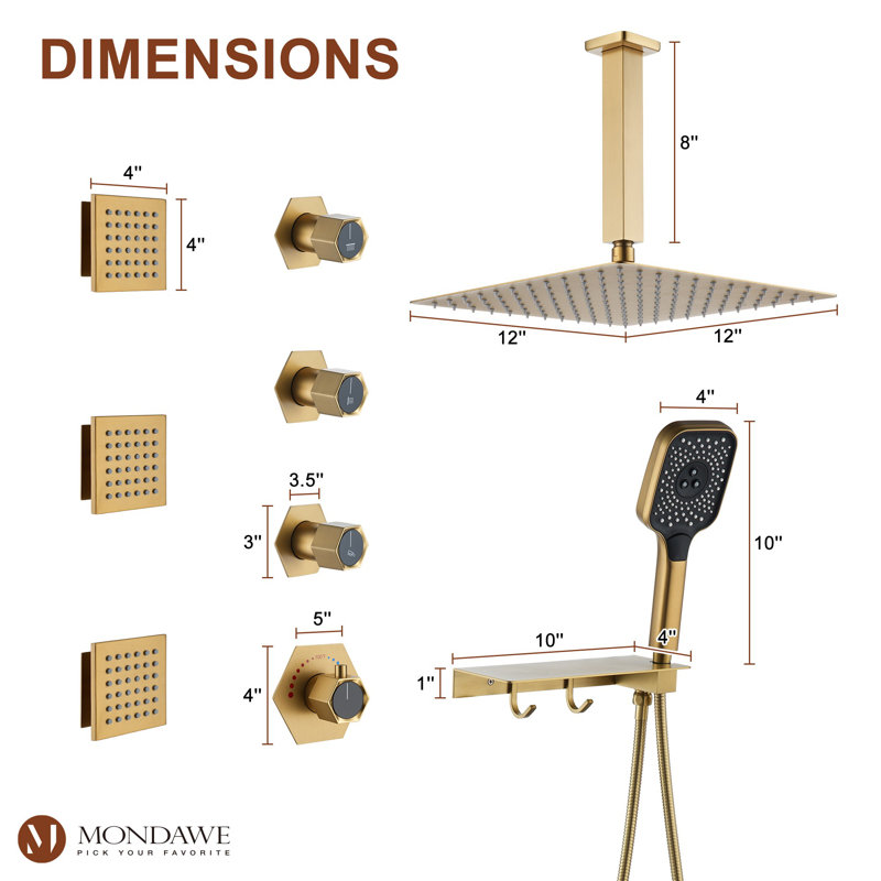 AquaRhapsody Ceiling Mounted Thermostatic Shower System with 4 Body Jets and Storage Shelf, Brushed Gold