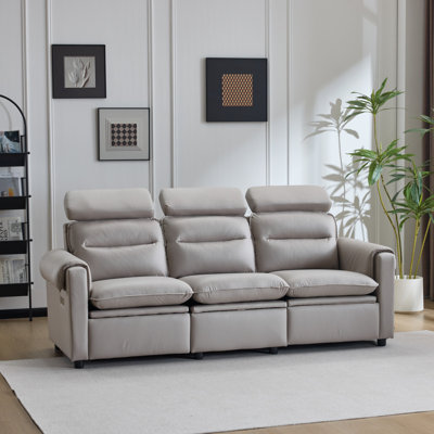 Shugar 87‘’ W 3-Seat Pillow Top Arm Kakhi Faux Leather Recliner Sofa With Storage