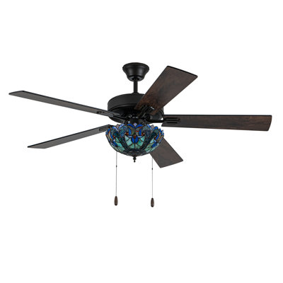 52"W Halston Indoor Tiffany Stained Glass Oil Rubbed Bronze Ceiling Fan With Remote Control