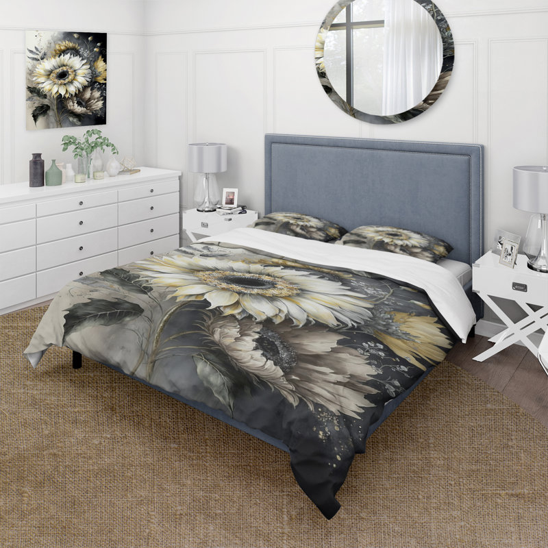 Ensemble de housse de couette White Sunflower - Floral, Housse de couette pour très grand lit et 2 très