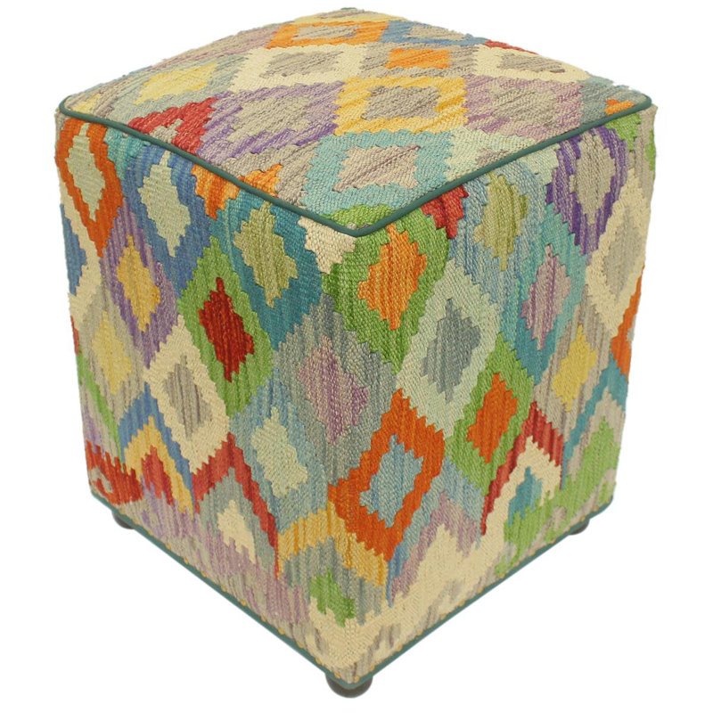 Aprea Upholstered Ottoman, Red/Dark Blue/Rust/Beige Wool