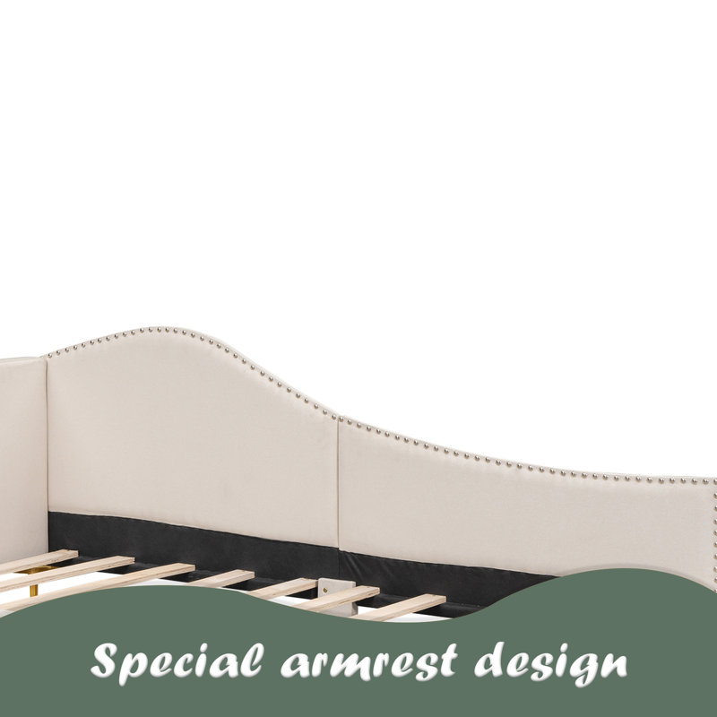 Upholstered Daybed With Headboard And Armrest, Twin, Beige