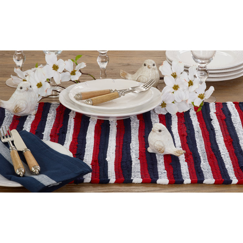 Patriotic Striped Cotton Table Runner with Fringed Edges