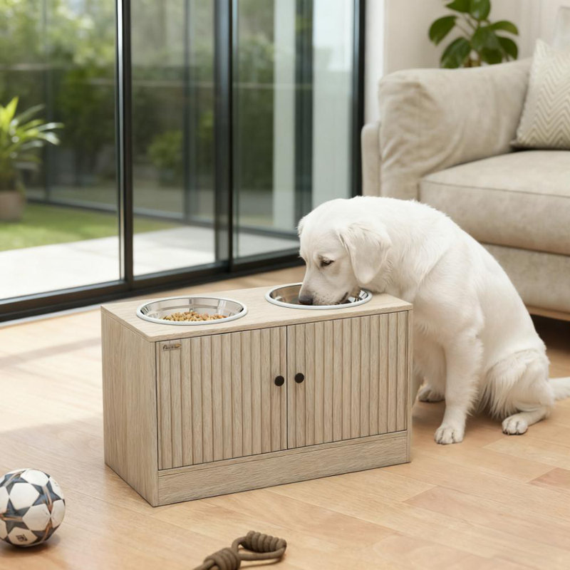 Support pour bol surélevé avec armoire de rangement et bols en acier inoxydable