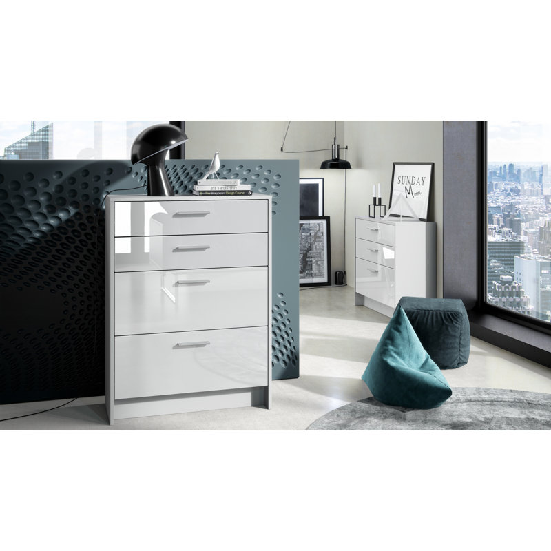 Mclawhorn 4 Drawer 76Cm W Chest Of Drawers, White/White High Gloss