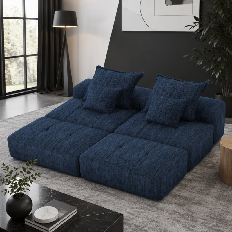 Canapé modulaire surdimensionné Modern, L 141,73 po, Chenille bleu, Bleu