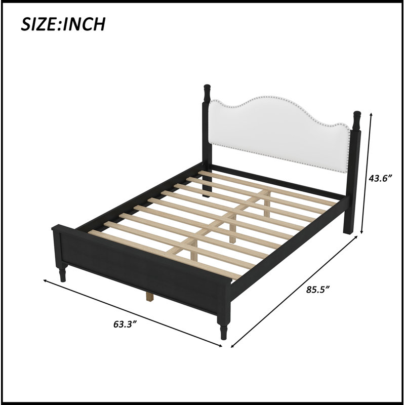 Grand lit plateforme en bois avec tête de lit tapissier, Noir et blanc