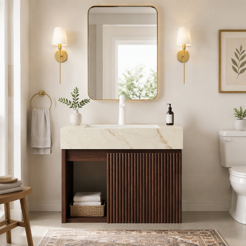 Meuble-lavabo avec rangement suspendu, comptoir en pierre frittée couleur crème veinée or, lavabo en céramique et fini noyer.