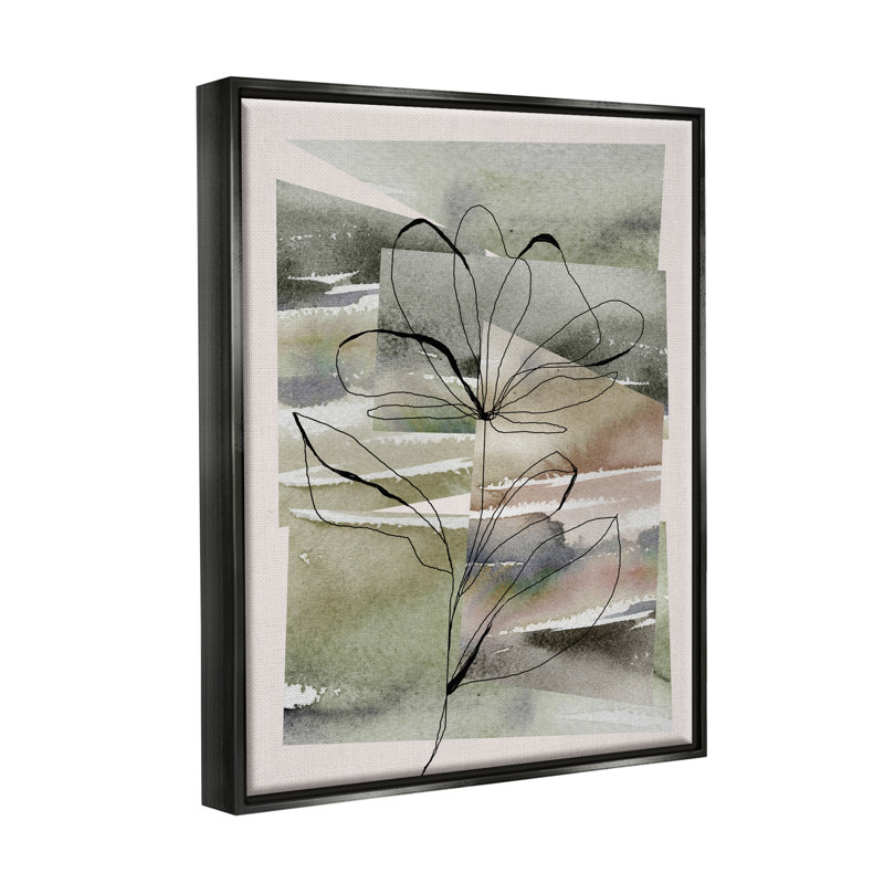 Contour de fleur sur fond vert sur toile, H 21 po x l 17 po, Cadre flottant noir de jais
