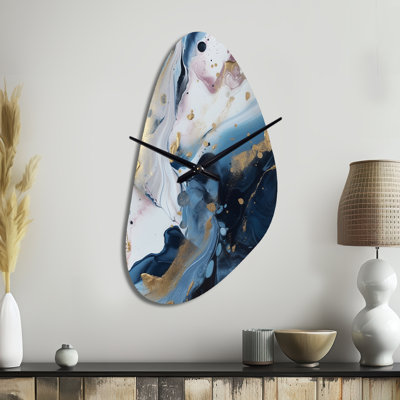 Blue And White Enigmatic Stones II - Marble Asymmetrical Metal Wall Clock, Modern Unique Shape Wall Clock Print