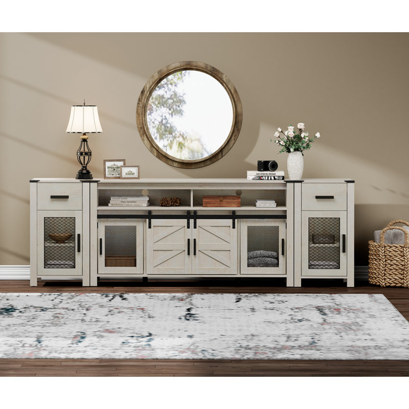 Tv Stand Set For Ups To 85 Inch Tv,Entertainment Center With Sliding Barn Door, Antique White