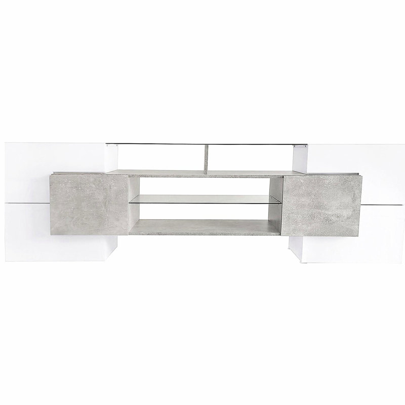 Meuble télé de forme unique avec 2 tablettes en verre éclairées, centre de divertissement ultrabrillant, convenant aux téléviseurs de 88 pouces et moins, meuble télé multifonctionnel avec lumières DEL à changement de couleur, gris
