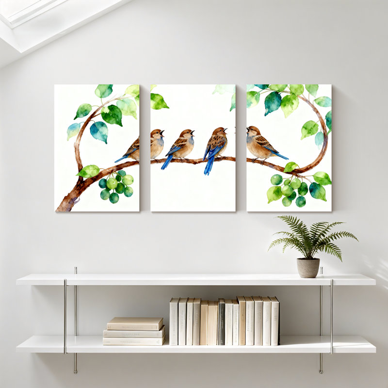 Oiseaux perchés sur une branche avec des feuilles et des baies, ensemble de 3 impressions sur toile, H 24 po x l 48 po