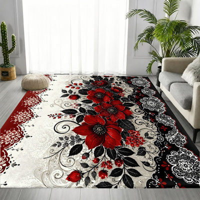 Tapis rétro rouge et noir à motif floral, motif botanique rétro classique, tapis antidérapant doux et durable lavable à la machine, décoration intérieure élégante pour le salon, la chambre à coucher, le vestibule, la cuisine, l’appartement