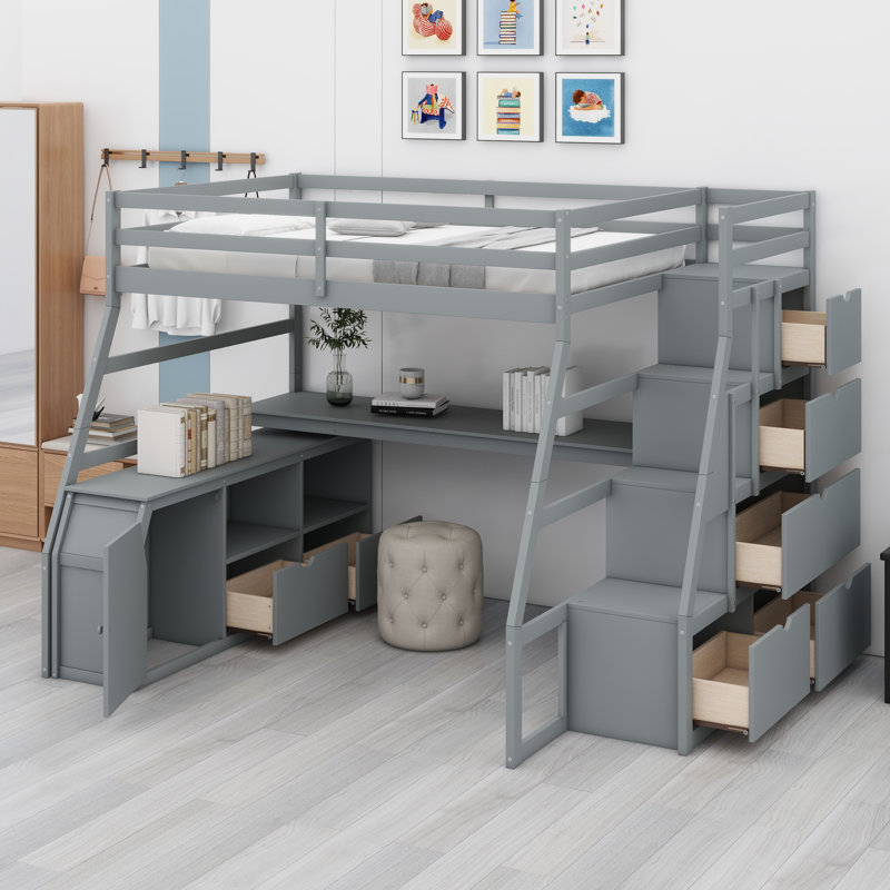 Lit mezzanine avec 7 tiroirs, 2 tablettes et un bureau, gris, Lit double