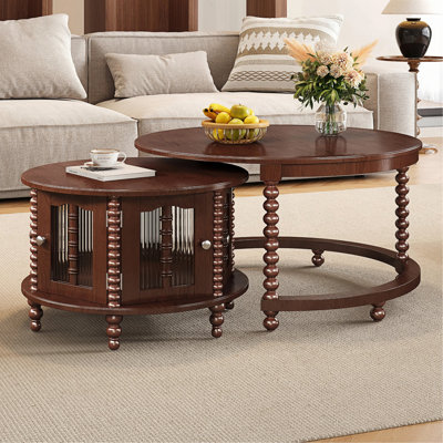 Table basse gigogne vintage rétro, six portes décoratives en verre en forme de bambou, pieds rétro perlés, noyer, 31,5 po