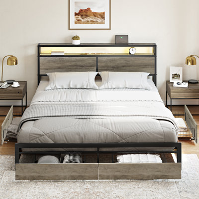 Antioch King Bed Frame with 4 Drawers & Storage Headboard, Adjustable LED Light and Charging Station, No Box Spring Needed, Grey