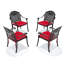 Ensemble de 4 chaises de jardin en aluminium moulé, structure noire, coussins rouges, motifs pétales raffinés, revêtement, assise confortable, empilables pour plus de commodité, résistantes aux intempéries et aux UV, en nylon PA66 antidérapant.