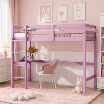 Twin Size Solid Wood High Loft Bed, built-in desk, ladder