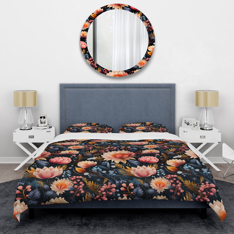 Ensemble de housse de couette à motif floral rose et bleu II, Housse de couette simple + 1 taie décorative stan