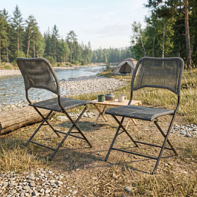 Reno Modern Rope Woven Patio Folding Chairs - All-Weather Stackable Outdoor & Indoor Armchairs - Charcoal Black Powder Coated Steel Frame (Set of 2)