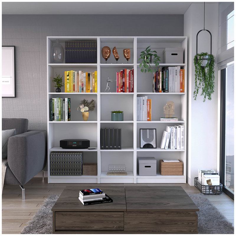 Ensemble de bibliothèque 3 pièces, 67 po de largeur avec 15 tablettes, ensemble de salon, Blanc