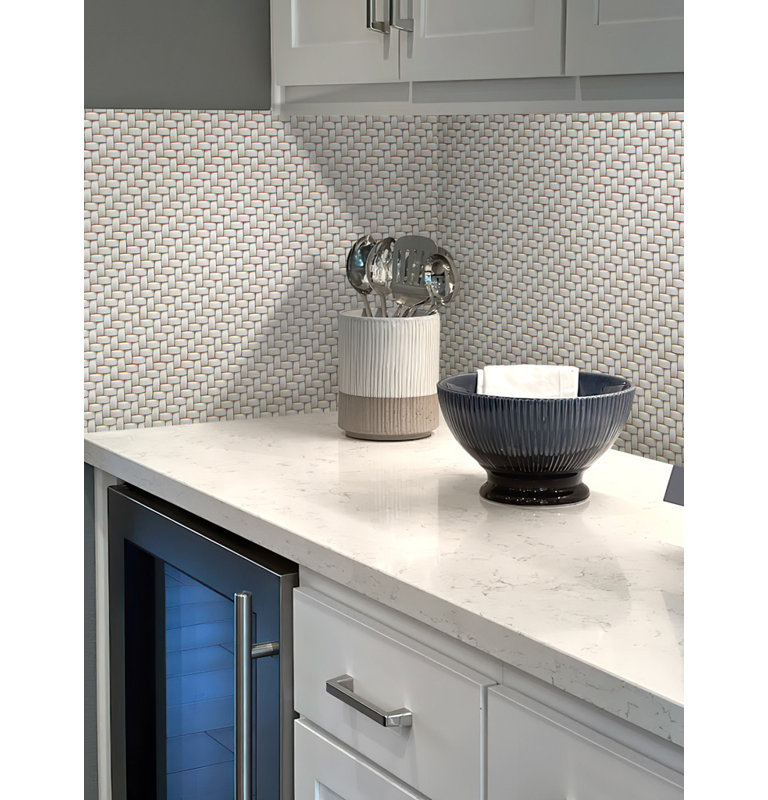 11.7" X 11.8" Glass Basketweave Mosaic Tile, Cream