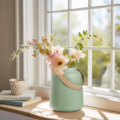 Lido Matte Ceramic Tapered Table Vase with Faux Leather Handle