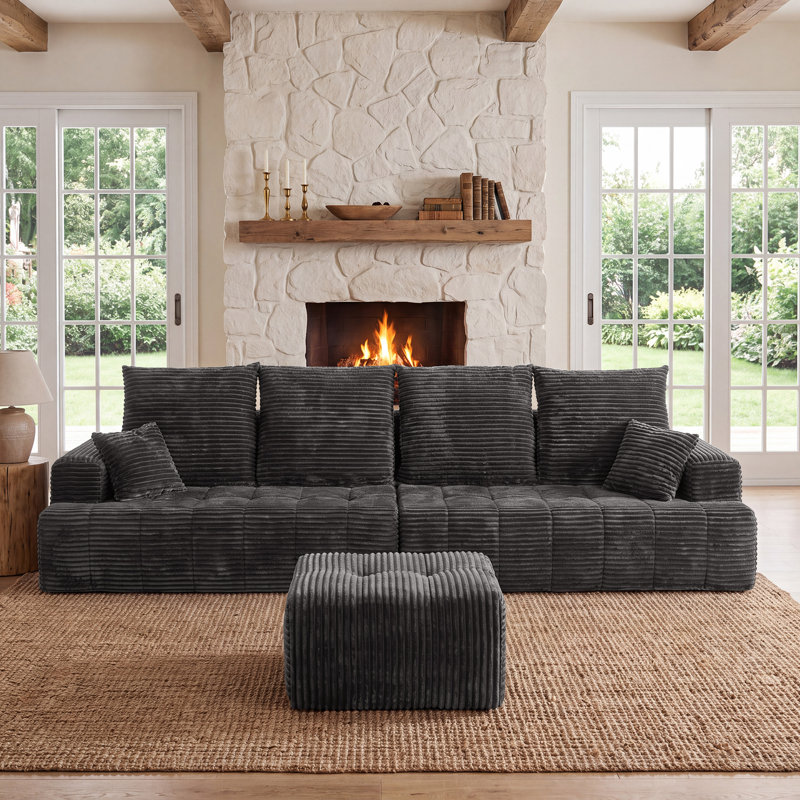 Pouf ottoman moderne compressé, repose-pieds rectangulaire modulable en velours côtelé avec ressorts ensachés, aucun assemblage requis pour le salon, gris