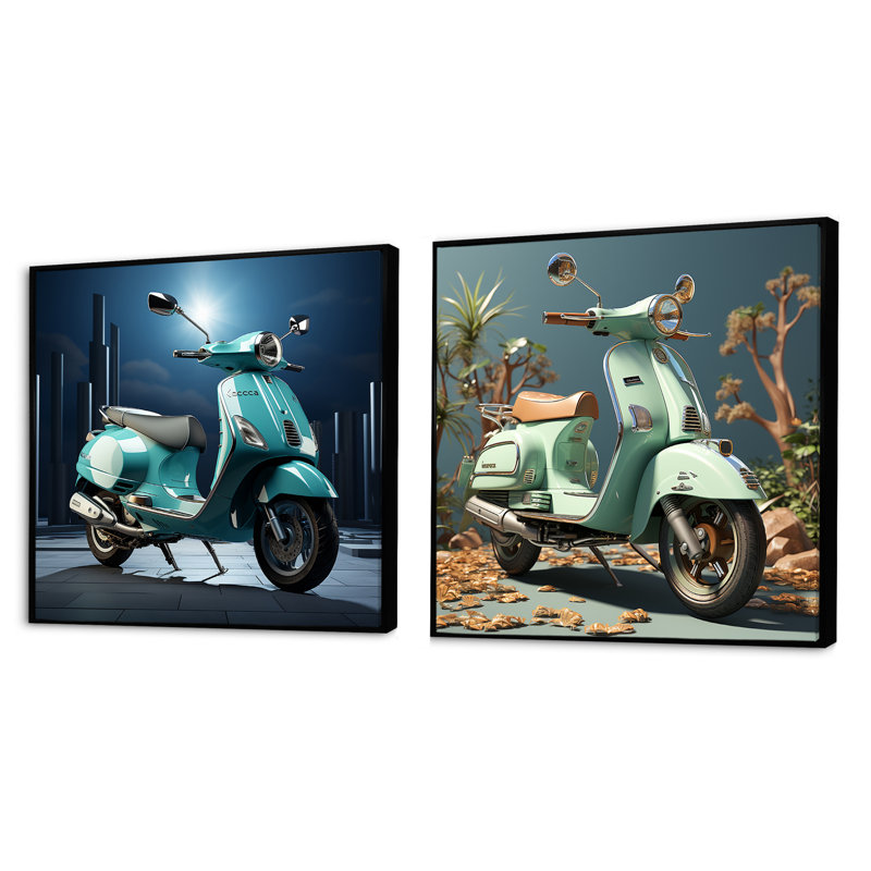 Vintage Vibrant Scooter - Ensemble de 2 collages carrés, Cadre flottant noir, H 16 po x l 33 po