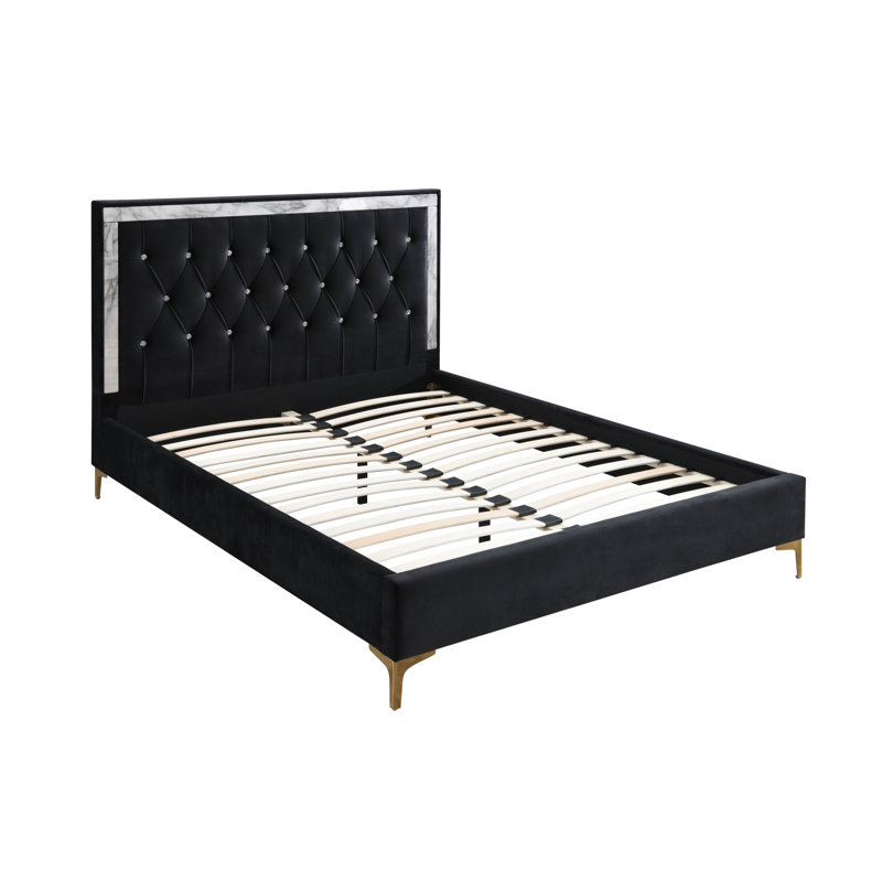Black Tufted Upholstered King Bed with Faux Marble Trim