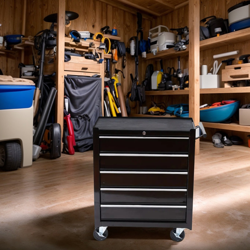 Dounton 27.25'' W 5 -Drawer Steel Bottom Rollaway Chest with Wheels, Black