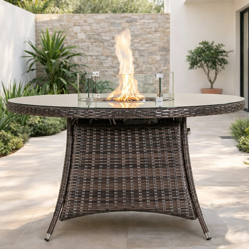 Table de foyer d'extérieur avec plateau en osier et en verre trempé, table de foyer au gaz propane, table de chauffage pour cour arrière toutes saisons