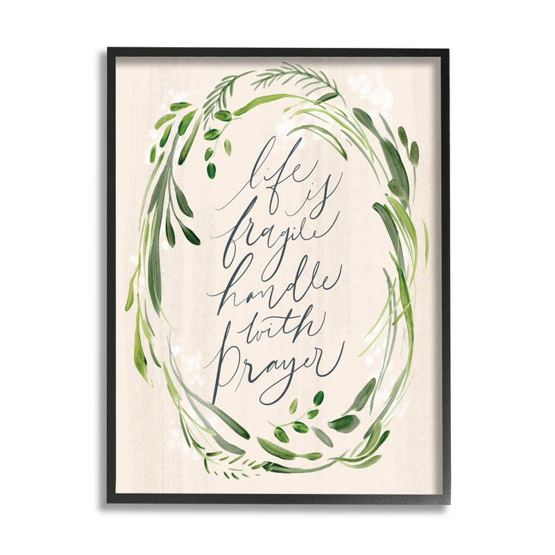 " Religious Prayer Phrase Script Botanical Leaf Border ", Midnight Black Framed Giclee, 14" H x 11" W x 1.5" D