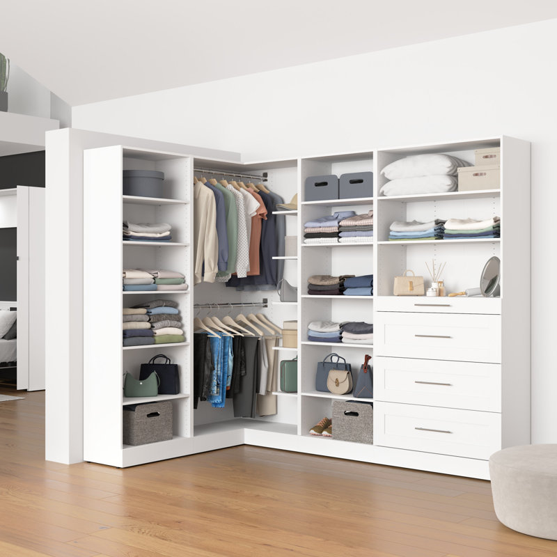 Bestar Florence 95W X 61D Modular L Shaped Walk-In Closet System With Rods, Shelves, And Drawers, Shaker Style
